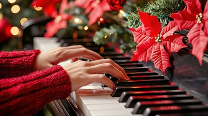 Close-up of hands playing Christmas music on a piano.