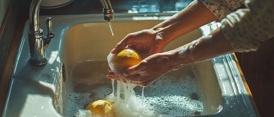 Fototapeta premium Close-up of hands washing lemons in a kitchen sink.