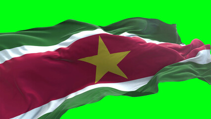 Suriname flag - 3D realistic waving flag on green screen background for chroma key