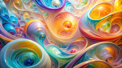 A symphony of swirling, luminous shapes, with iridescent textures that blend and merge into abstract forms, evoking a sense of vibrant energy and dynamic flow.