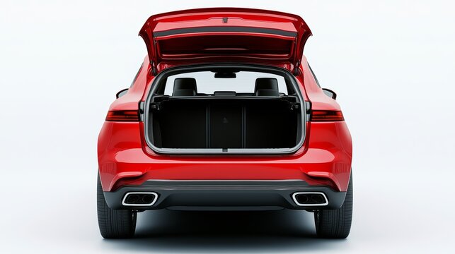 Rear view of suv red car with open trunk isolated