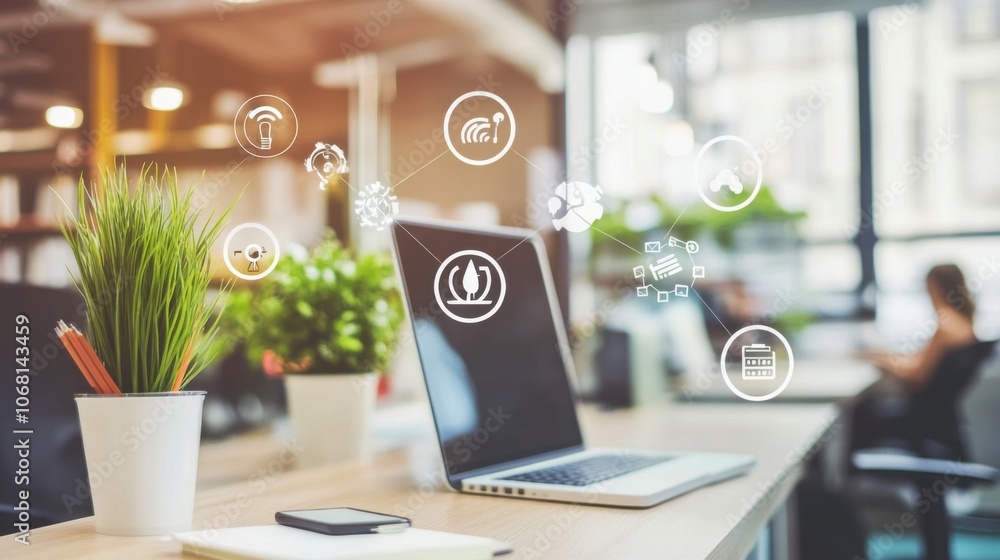Poster modern office setup with floating icons