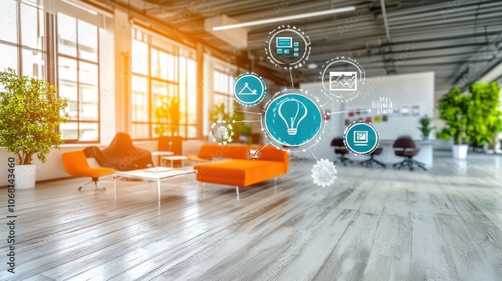 Poster modern office setup with floating icons