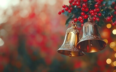 Golden Christmas Bells with Bokeh Background, on a red background