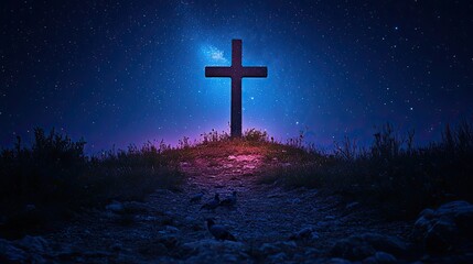 Fototapeta premium A cross on a hill with pigeons and a night sky background represents Easter Sunday and Christian faith, perfect for religious greeting cards.