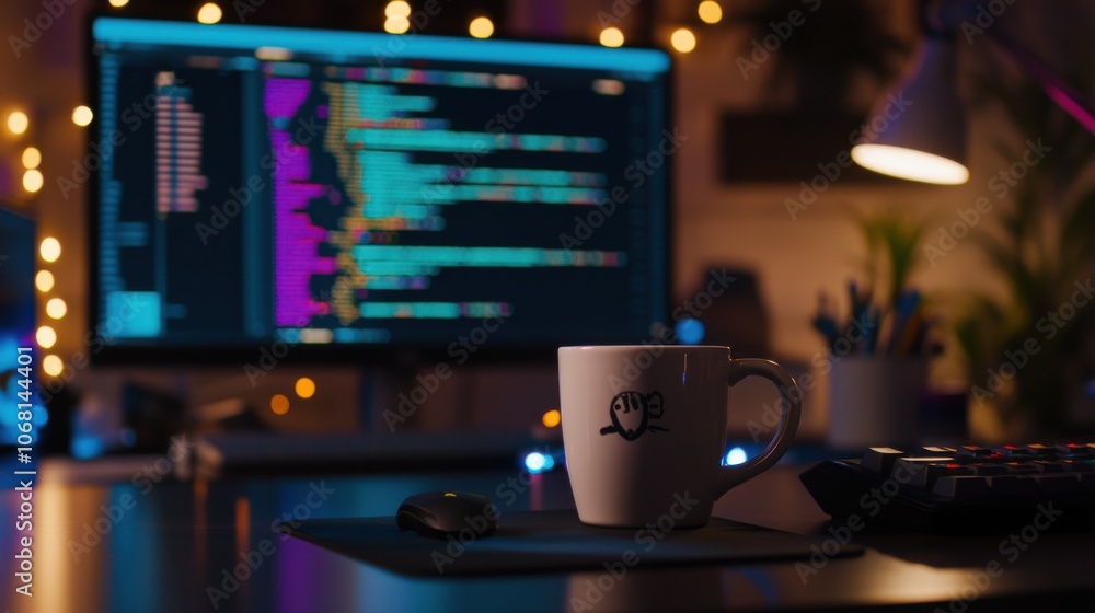 Poster colorful code display on screen with coffee mug