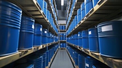 Obraz premium Warehouse chemical products concept - crude oil in blue barrels oil is prepared for export laboratory assistant took a sample for verification checking oil products for quality barrel shelving