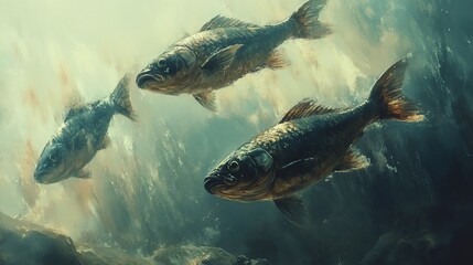 Three fish swim in murky water, with sunlight shining through the surface.