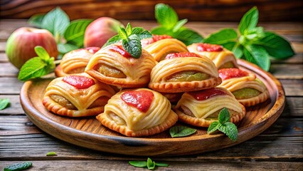 Aromatic pastry pockets filled with sweet apple and topped with a heart shaped glaze, arranged on a rustic wooden tray