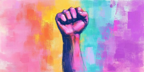 An abstract painting of a raised fist, with vibrant color strokes on background