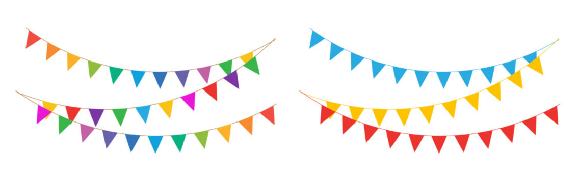 Decorative bunting for events background. Colorful triangular flag decoration with rope.