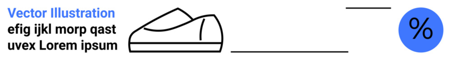 Black outlined shoe and blue percentage symbol with placeholder text in gray. Ideal for marketing, design, economics, retail, sales, minimalism, web development. Landing page
