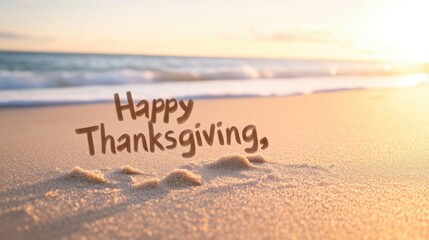 A beach with a sunset in the background and a message that says Happy Thanksgiving.