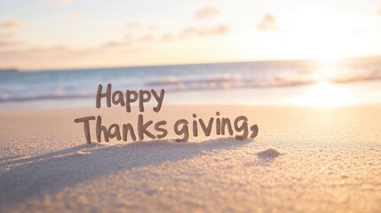 A beach with a sunset in the background and a message that says Happy Thanksgiving.