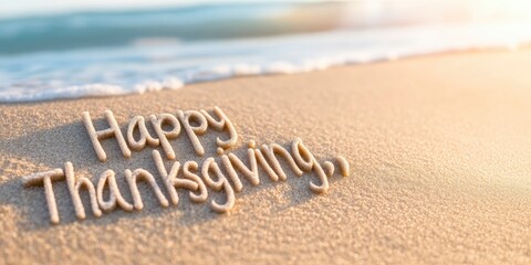A beach with a sunset in the background and a message that says Happy Thanksgiving.