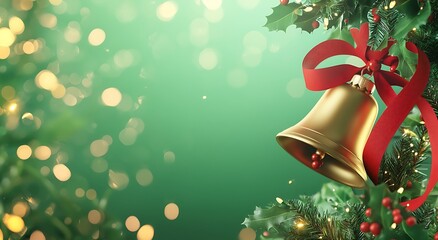 Golden Christmas Bells with Red Bow on Green Background for Christmas Greeting Card or Banner Design. Illustration of golden bells tied to a red ribbon and green holly hanging from evergreen tree 