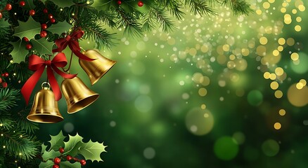 Golden Christmas Bells with Red Bow on Green Background for Christmas Greeting Card or Banner Design. Illustration of golden bells tied to a red ribbon and green holly hanging from evergreen tree 