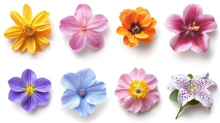 Obraz premium Eight colorful artificial flowers on a white background.