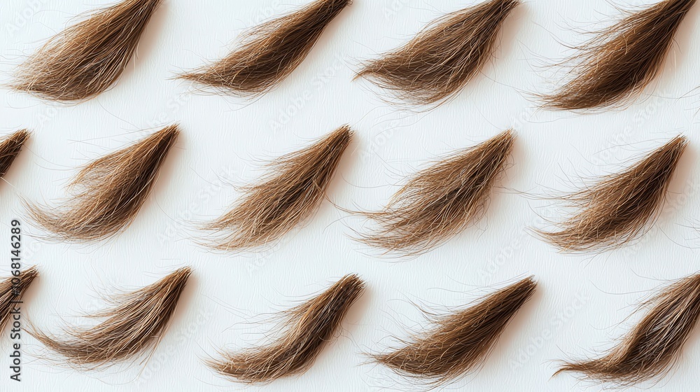 Aufkleber displays of various hair strands arranged in a neat pattern on a smooth white surface, showcasing te