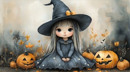 A cute little witch wearing a dress and hat, a watercolor Halloween cartoon character ideal for design projects or stickers.