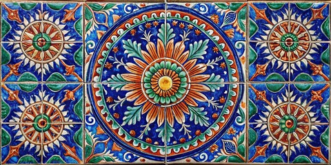 Ceramic Tiles with Intricate Floral and Geometric Designs in Vibrant Hues of Blue, Green, Orange, and White
