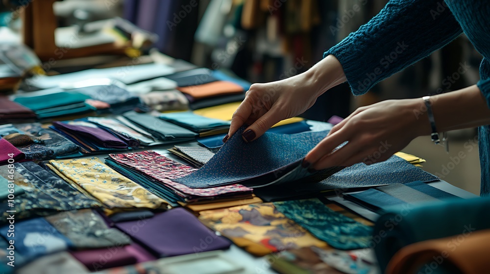 Poster a person sorting through various fabric swatches on a table in a creative workspace.