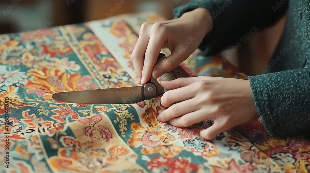 Poster a person using scissors to cut fabric on a patterned tablecloth.