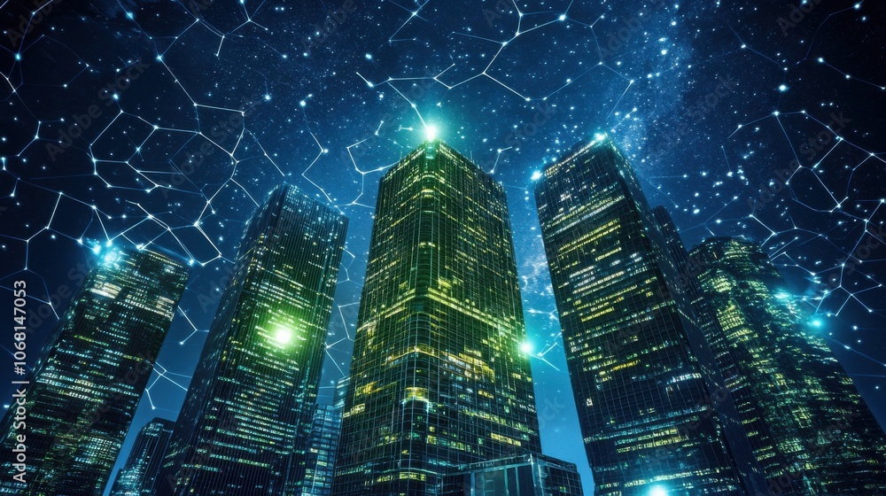 Poster futuristic cityscape with hexagonal patterns