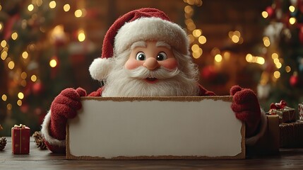 A cute Santa Claus peeking from behind a blank sign, designed for Christmas-themed banners, posters, or greeting cards with a fun cartoon character promoting holiday greetings with copy space.