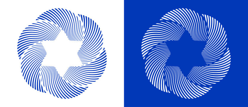 Abstract Star of David with six corners. Art line design star as logo or icon. A blue figure on a white background and an equally white figure on the blue side.