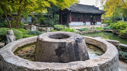 Fototapeta premium Close-up of traditional stone mill in a chinese garden