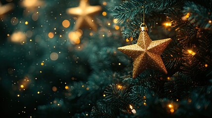 A dark green festive Christmas background with golden stars and vintage glitter lights, perfect for creating a nostalgic holiday atmosphere on cards, banners, or seasonal event designs.