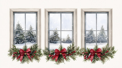 Fototapeta premium Winter scene with three windows adorned with festive decorations, evoking cozy holiday spirit