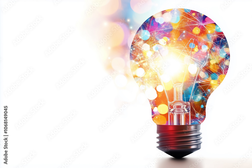 Poster a bright light bulb emits a glow surrounded by colorful patterns and bokeh, symbolizing ideas and cr