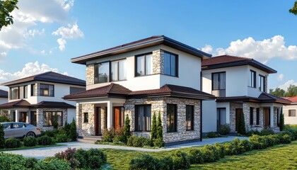 Obraz premium Modern townhouses with dark brown roofs in Bulgarian coastal village, award-winning.