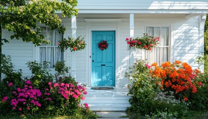 Professional vintage photo of a white house with a cerulean door and flowered porch.