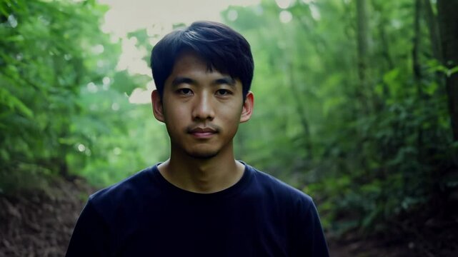 a young asian male environmentalist walks confidently through a forest, the camera slowly zooms in with dolly effect
