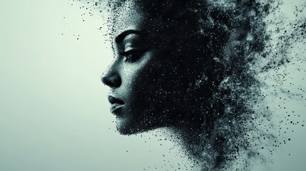 A digital halftone portrait of a woman, composed of dots and particles, representing the concept of artificial intelligence or minimalistic design, ideal for posters or tech-related cards.