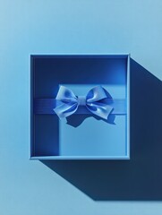 Blank open blue gift box with blue bottom inside or top view of opened blue present box with blue ribbon and bow isolated on blue background with shadow minimal concept 3D rendering