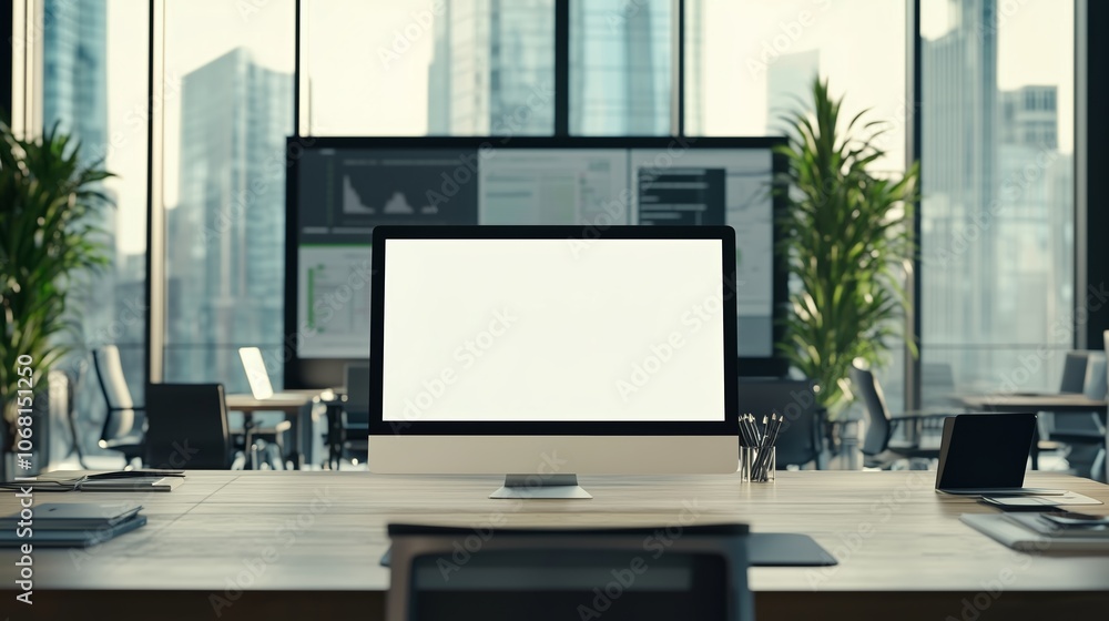 Poster modern office workspace with empty computer screen and large windows showcasing city skyline during 