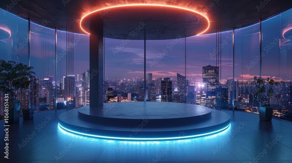 Wall mural empty platform in a futuristic building with a city skyline view at night.