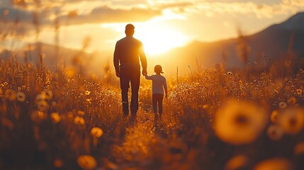 A father and child walk together at sunset, creating a heartwarming scene perfect for Father’s Day celebrations and family-themed greeting cards.