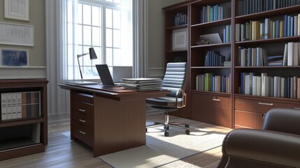 A clean and organized office with a desk chair and bookshelf the desk has a laptop and a stack of papers the room is well-lit and has a professional atmosphere