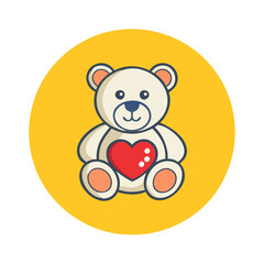 Cute teddy bear with red heart on yellow circle background

