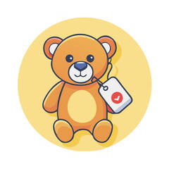 Obraz premium Cute teddy bear with checkmark tag icon on yellow background