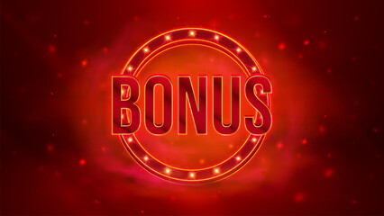 Casino bonus banner. Glowing bonus sign with lucky wheel. Spin bonus celebration. Vector illustration