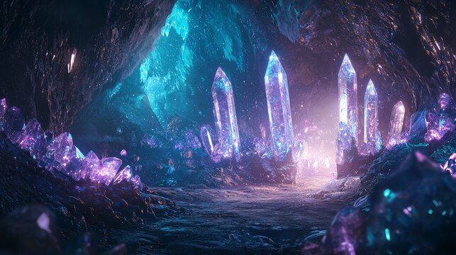 Fantasy landscape featuring a crystal cave illuminated by glowing gems