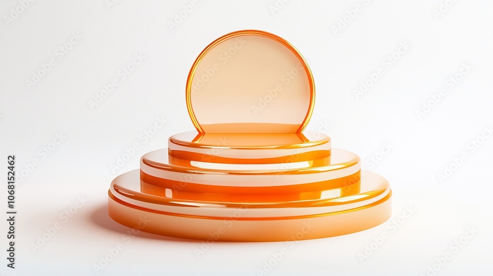 Poster a 3d rendering of a product display stand with four tiers in orange color on a white background.