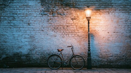A vintage bicycle rests next to a glowing street lamp against an old brick wall at dusk in a quiet urban neighborhood © ARM
