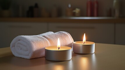 A serene setting featuring two lit candles beside a neatly folded towel, creating a tranquil atmosphere for relaxation.